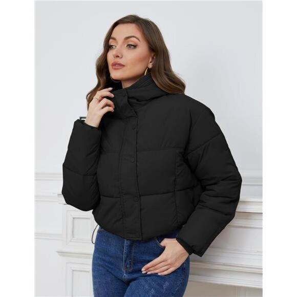 Womens Cropped Puffer Jacket Hooded Zip Up Black - Picture 6 of 6